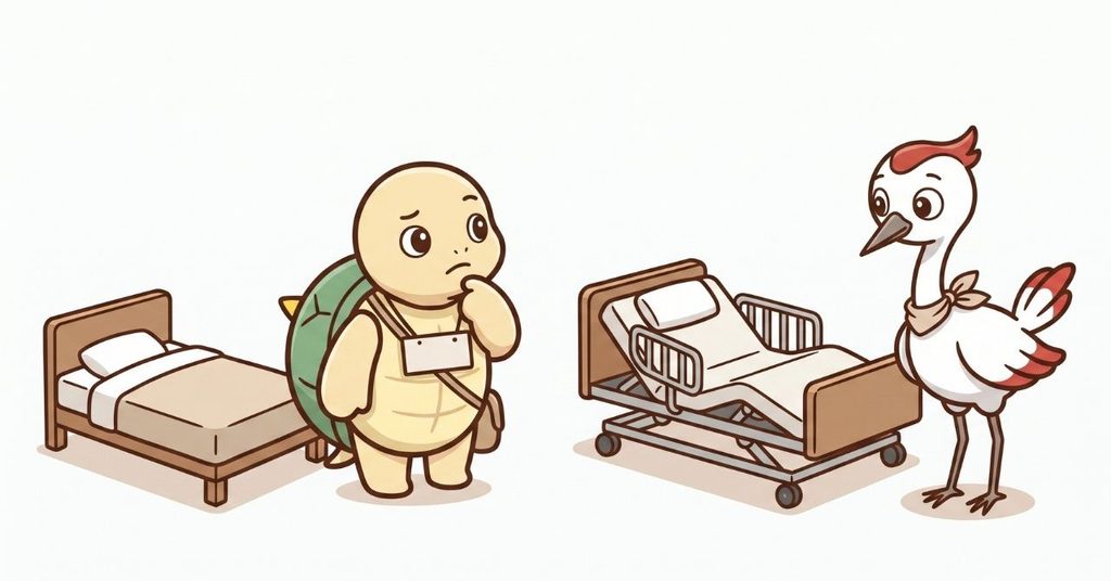 普通のベッドと特殊寝台の違いを見比べているイラスト