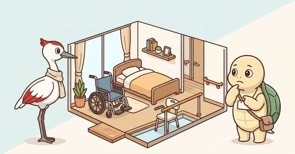 福祉用具と生活環境を見ながら相談する福祉用具専門相談員のイラスト