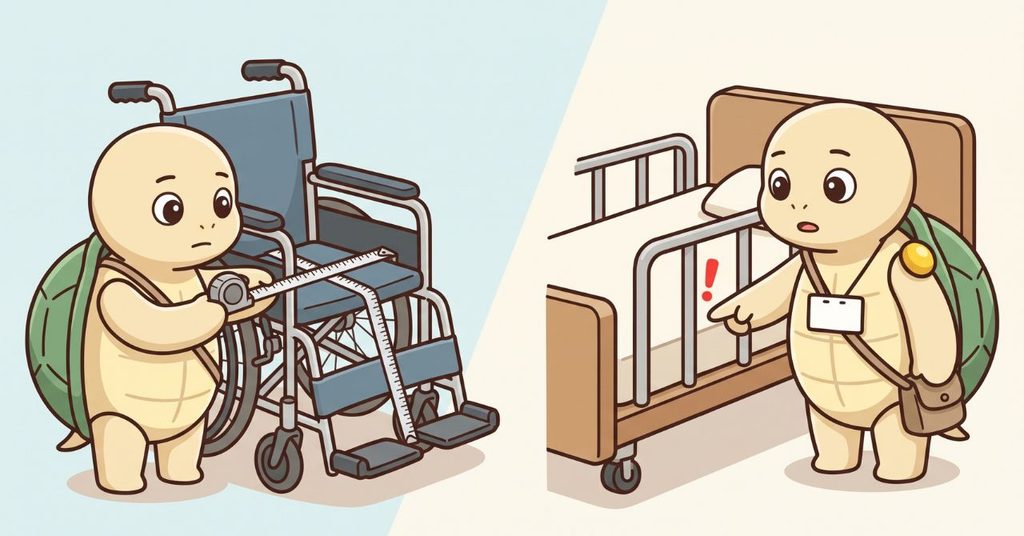 車椅子の座面とフットサポートの寸法をメジャーで確認する相談員の手元のイラスト