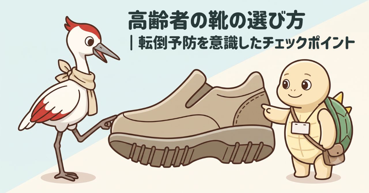 高齢者の靴選びと足元の安定を考えるミライとススムのイラスト