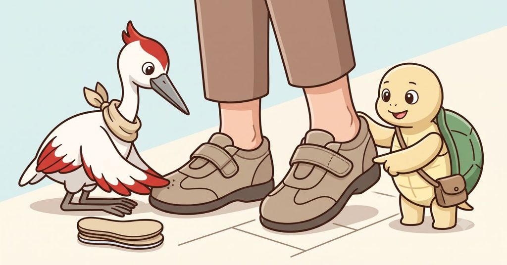 足のサイズと試し履きを確認するミライとススムのイラスト