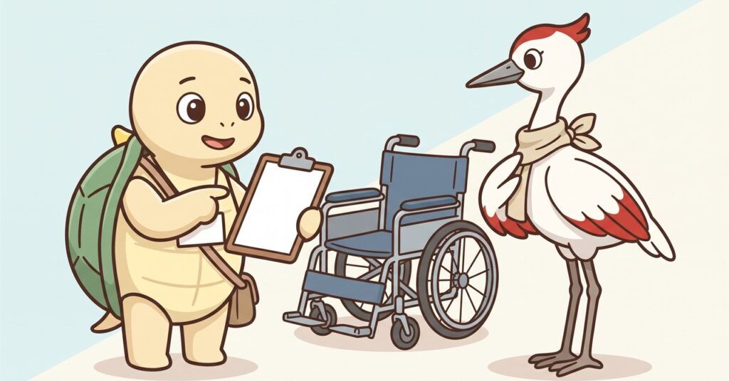 介護保険の福祉用具貸与についてケアマネジャーに相談しているイラスト