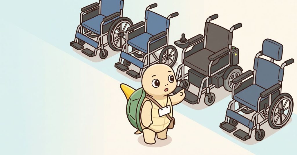 自走式・介助式・電動式など複数タイプの車椅子が並ぶ俯瞰図のイラスト