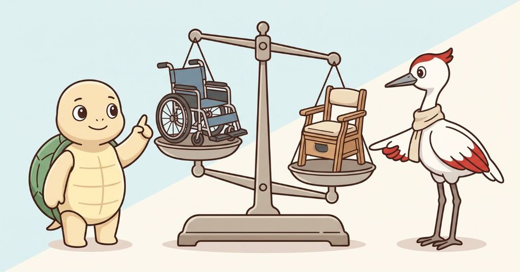 天秤に乗せた車椅子と腰掛け便座を見比べるミライとススムのイラスト
