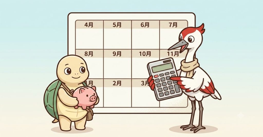 1年分のカレンダーと電卓を持つミライとススムのイラスト
