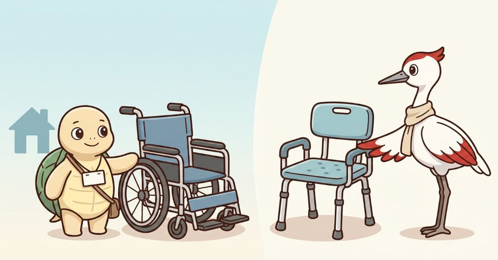 家と車椅子、シャワーチェアを挟んで向かい合うミライとススムのイラスト