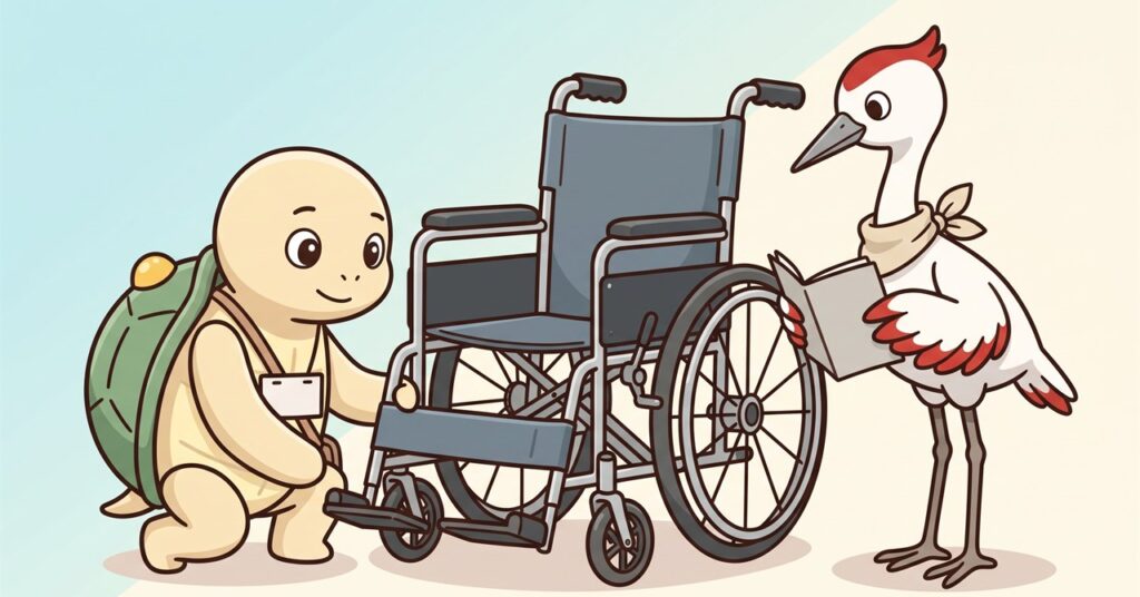 届いた車いすの高さを調整して使い方を説明しているイラスト