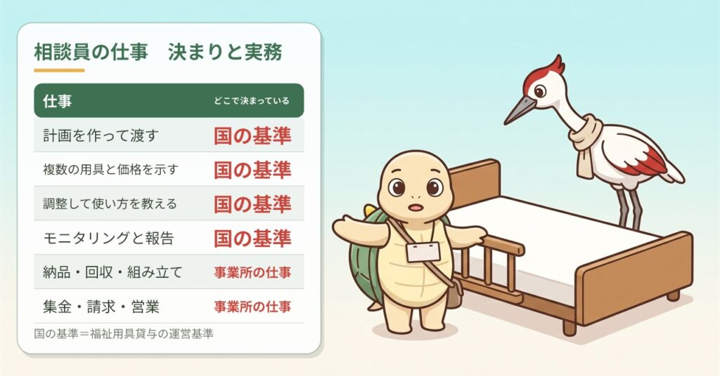 福祉用具専門相談員の仕事を、法律で決まっているものと事業所の仕事に分けた表