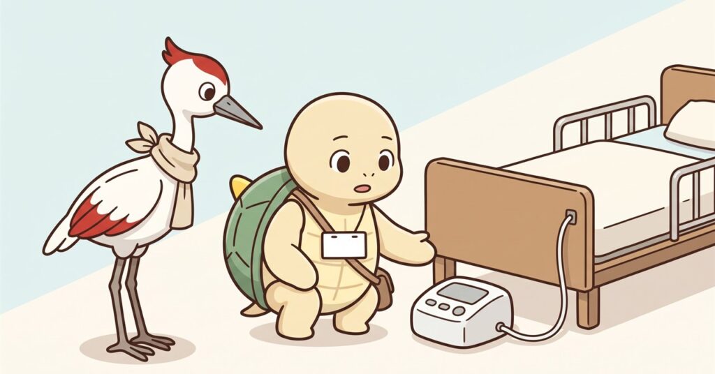 ベッドの横に置かれた小型の機器について説明しているイラスト