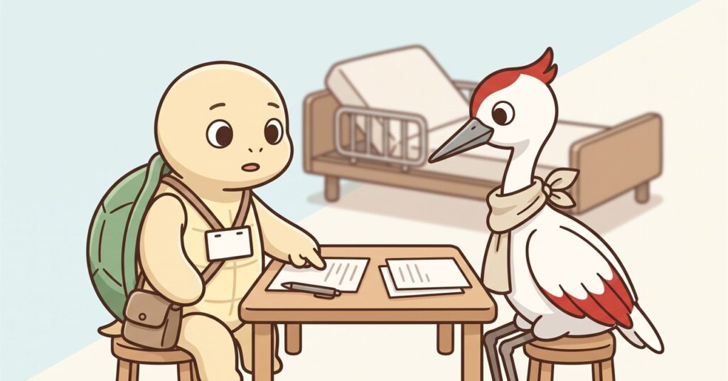 書類を見ながら例外給付について相談しているイラスト