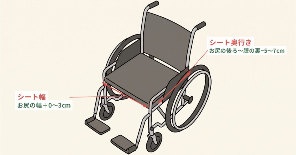 車椅子のシート幅とシート奥行きの位置を示す図
