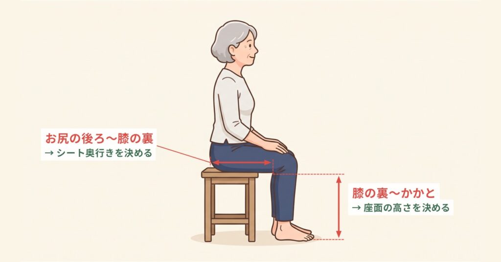横から見た、お尻の後ろから膝の裏まで・膝の裏からかかとまでを測る位置を示すイラスト